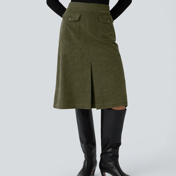 HALARA Dresses & Skirts - L, Halara, Green Mid Rise Front Side Flap Pocket Midi Corduroy Skirt, stretch
